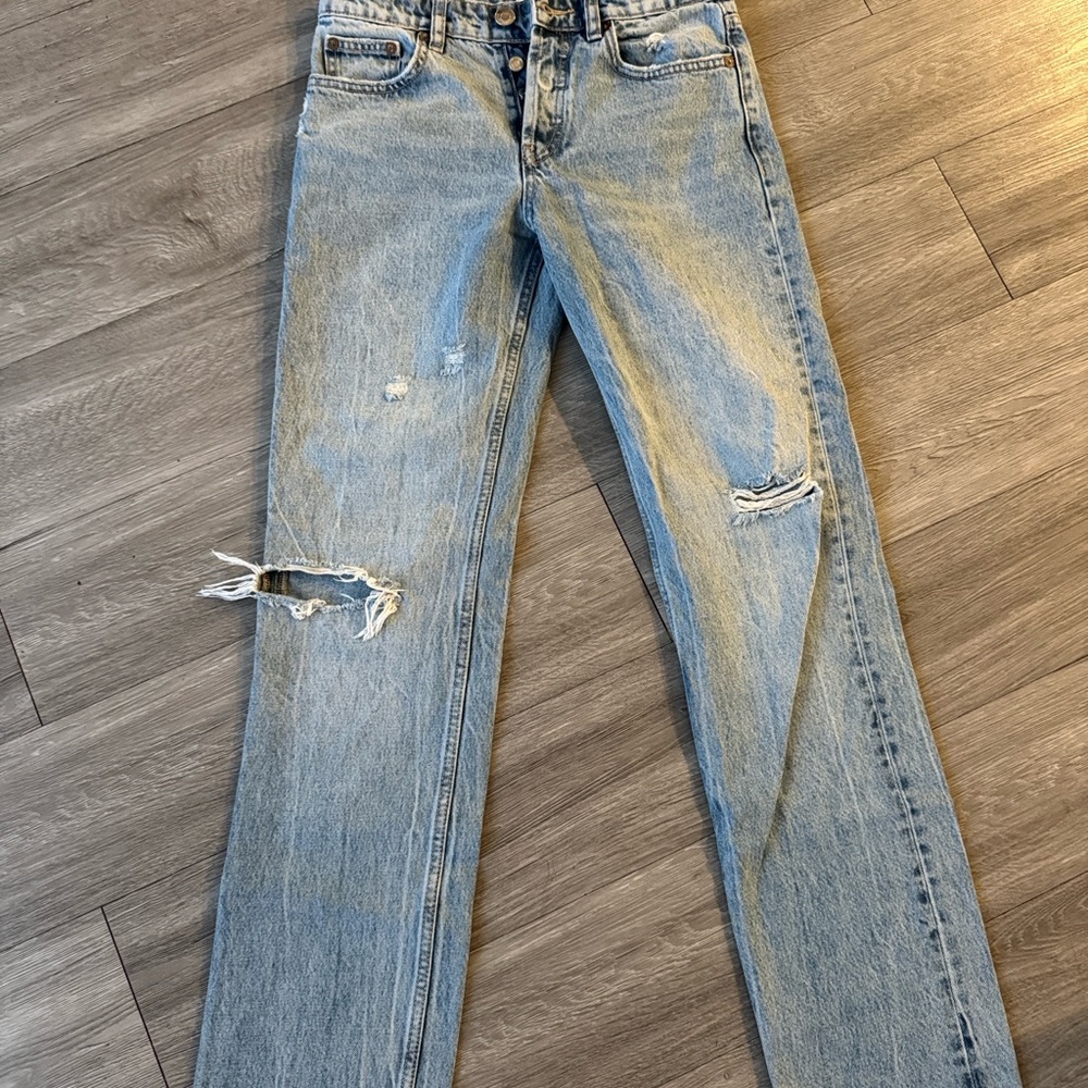 Zara Light Blue Distressed Straight Leg Jeans
